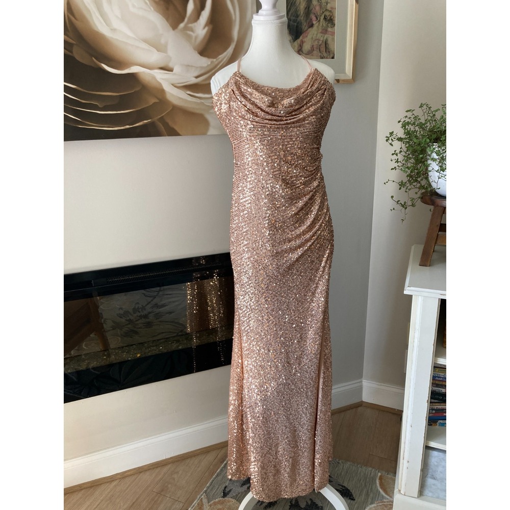 Morgan & Co Vintage Y2K Sequin Maxi Dress 5 Blush Pink Cowl Neck Gown